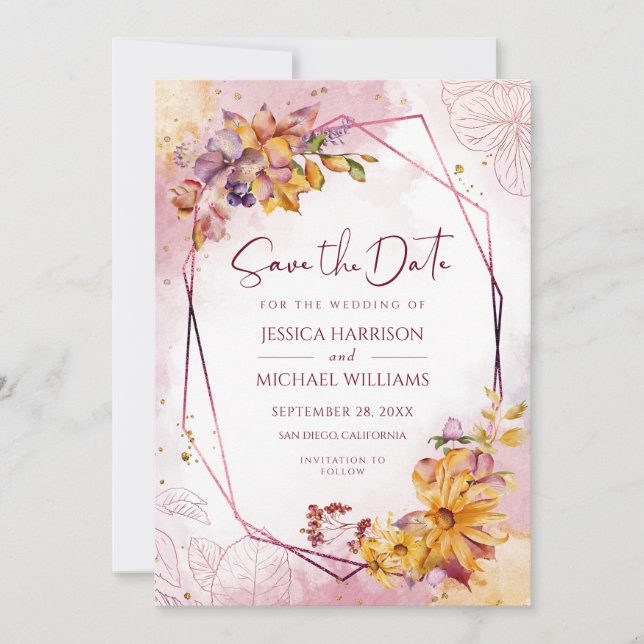 Moderne geometrische Herbstlaube Burgundy Calligra Save The Date (Vorderseite)