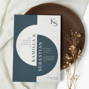 Moderne geometrische Navy Blue Ivory Monogram Wedd Einladung