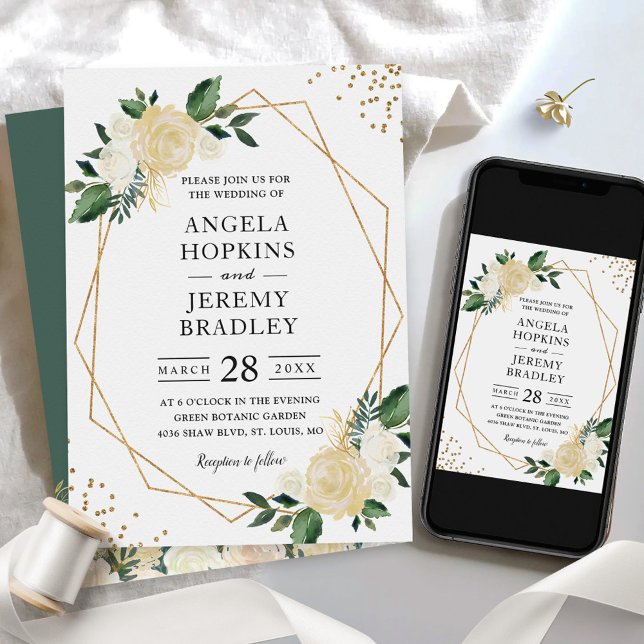 Moderne geometrische Rahmen Natur Grüne Blütenhoch Einladung (Von Creator hochgeladen)