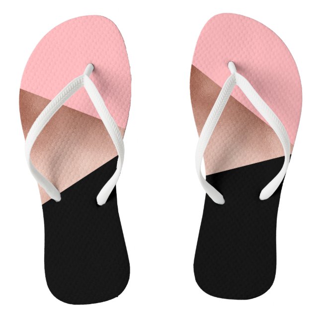 Moderne geometrische Rose, goldfarben, rosa Schwar Flip Flops (Fußbett)