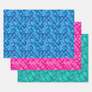 Moderne geometrische Schneeflocken, blau, rosa, tü Geschenkpapier Set