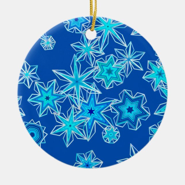 Moderne geometrische Schneeflocken, Sapphire Blue Keramik Ornament (Vorne)