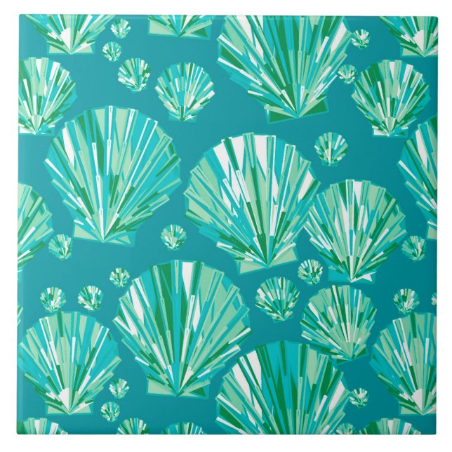 Moderne geometrische Seashells, Aqua und Türkis Fliese (Vorderseite)