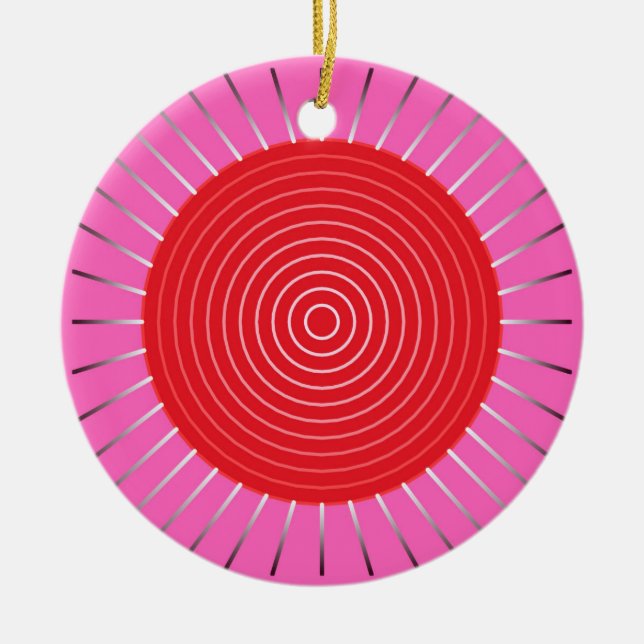 Moderne geometrische Sonnenburst - Fuchsia und Rot Keramik Ornament (Vorne)