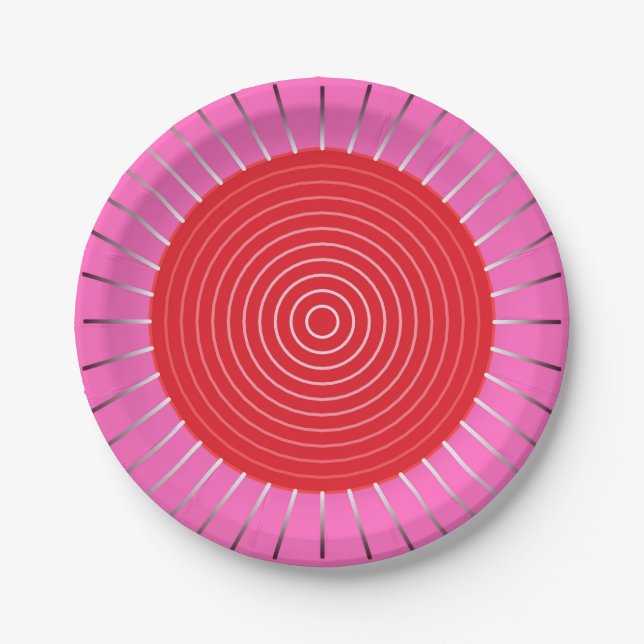 Moderne geometrische Sonnenburst - Fuchsia und Rot Pappteller (Vorderseite)