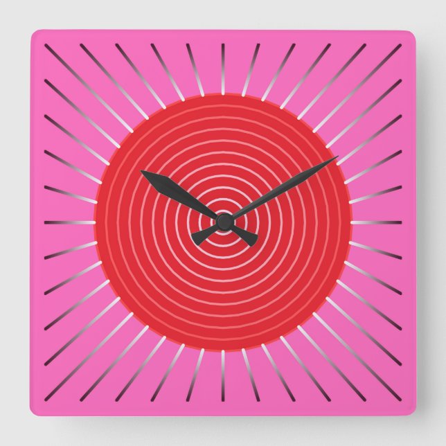 Moderne geometrische Sonnenburst - Fuchsia und Rot Quadratische Wanduhr (Vorderseite)
