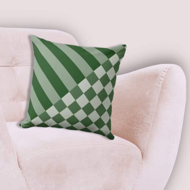 Moderne geometrische Streifen und Schachbrett, wal Kissen (Modern Geometric Stripe & Checker Forest-Green Throw Pillow)