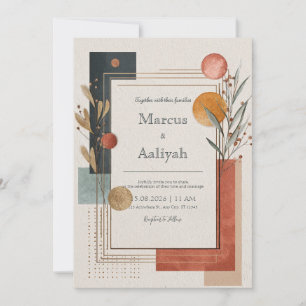 Moderne Geometrische Terrakotta Gold Boho Hochzeit Einladung