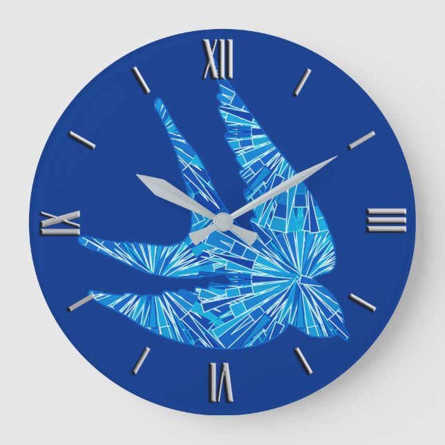 Moderne geometrische Vögel, Kobalt und Himmel Blau Große Wanduhr (Vorderseite)
