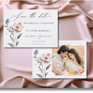 Moderne, gepresste Pastel-Wildblumen Hochzeitsstic Save The Date