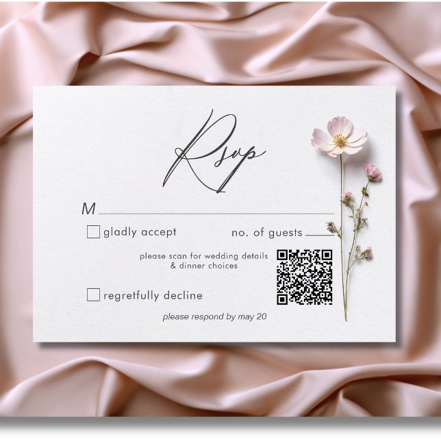 Moderne, gepresste Pastel-Wildblumen mit QR-Code RSVP Karte (Modern Pressed Pastel Wildflowers Wedding QR Code RSVP Card)