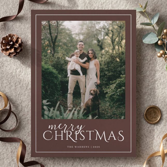 Moderne gerahmte Frohe Weihnachten Foto Collage Br (Simulated card on table)