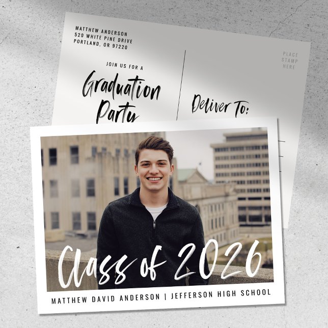 Moderne Gerahmte Graduation Party für Pinselskript Postkarte (Von Creator hochgeladen)