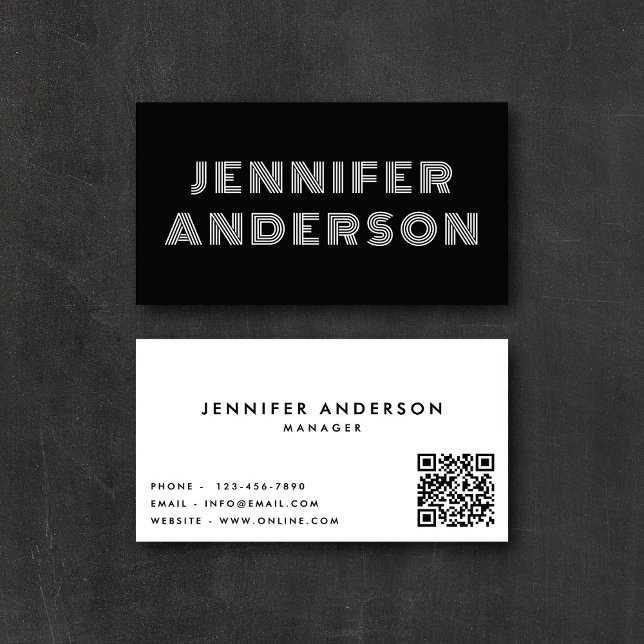 Moderne gestreifte Art Schwarz & Weiß QR-Code Visitenkarte (Von Creator hochgeladen)