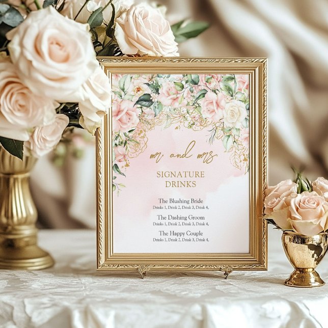 Moderne Getränke mit Softrosa und goldener Untersc Poster (Modern soft pink and gold signature drinks poster)