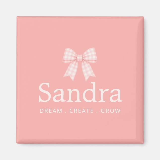 Moderne Gingham-Rosa-Schleifen-Namenszitat Magnet (Vorne)