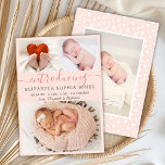 Moderne Girl Birth Announcement Foto Collage Card Ankündigung<br><div class="desc">Baby Girl Blush Pink Geburtshaus Ankündigung 3 Foto Collage Cards. Elegante niedliche Geburtsankündigung mit 3 Ihrer Lieblings-Baby-Fotos vorne, mit einem hübschen handgeschriebenen Text "Einführung" in ein Wirbles Kalligrafieschrift mit Swash-Schwanz-Schriftart auf rot rosa Hintergrund. Fügen Sie den Namen Ihres Babys auf der Vorderseite und die Geburtsdaten hinzu. Auf der Rückseite ein...</div>