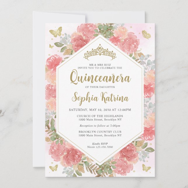 Moderne Girl Blush Pink Floral Gold Quinceañera Einladung (Vorderseite)