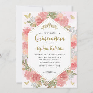 Moderne Girl Blush Pink Floral Gold Quinceañera Einladung