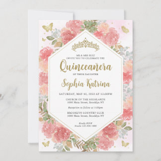 Moderne Girl Blush Pink Floral Gold Quinceañera Einladung