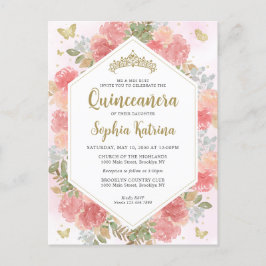 Moderne Girl Blush Pink Floral Gold Quinceañera Postkarte