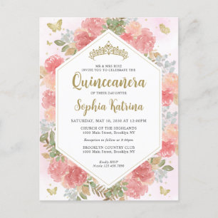 Moderne Girl Blush Pink Floral Gold Quinceañera Postkarte