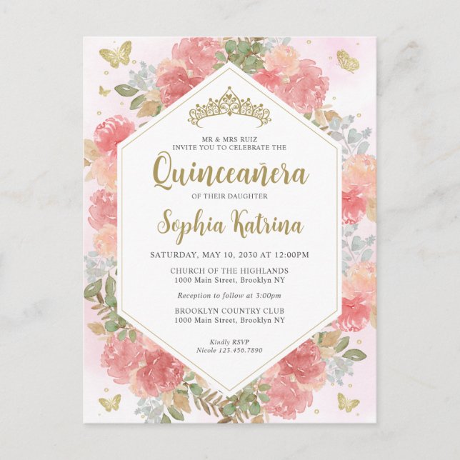 Moderne Girl Blush Pink Floral Gold Quinceañera Postkarte (Vorderseite)