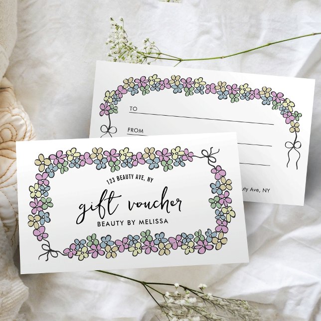 Moderne Girl Floral Boutique Salon Gutschein (Elegant girly business gift certificate with hand drawn flower frame design and modern layout)