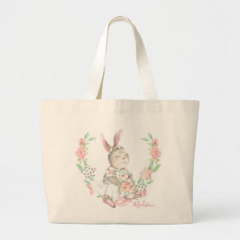 Moderne Girl Watercolor Floral Bunny Rabbit Name Jumbo Stoffbeutel