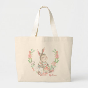 Moderne Girl Watercolor Floral Bunny Rabbit Name Jumbo Stoffbeutel