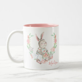 Moderne Girl Watercolor Floral Bunny Rabbit Name Zweifarbige Tasse