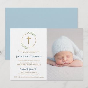 Moderne Girlande Gold Kreuz Baby-Taufe Foto Blau Einladung