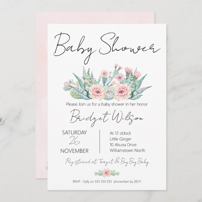 Moderne Girls Floral Cactus Fiesta Baby Shower Einladung (Vorne/Hinten)
