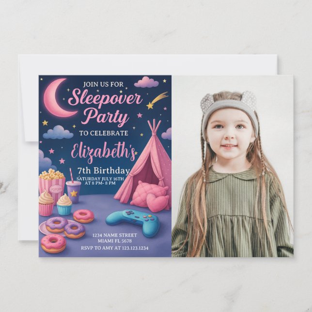 Moderne Girls Slumber Party Card mit Foto Einladung (Vorderseite)