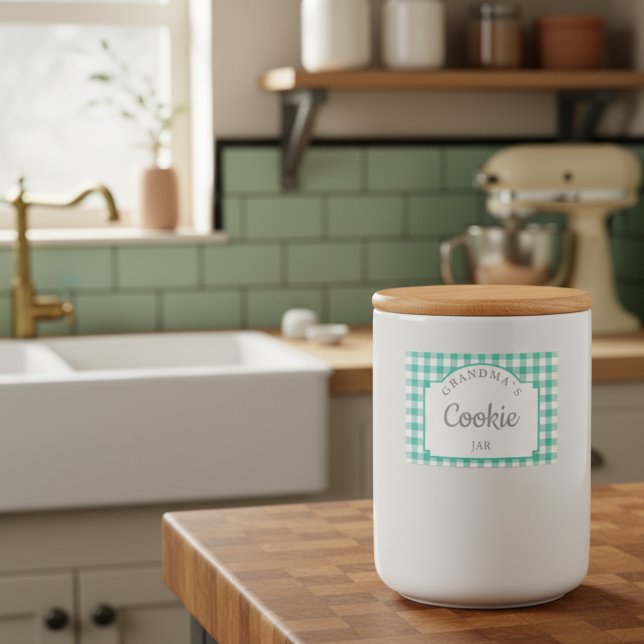 Moderne Girly Aquamarin Gingham Typografie Lebensmitteletikett (Modern Girly Teal Gingham Typography Food Label)