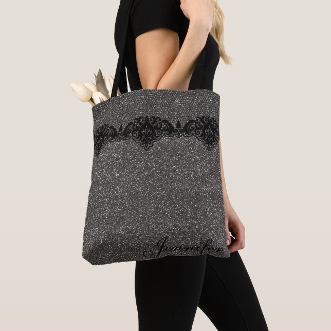 Moderne Girly Gray Glitzer Black Lace Personalisie (Von Nahem)