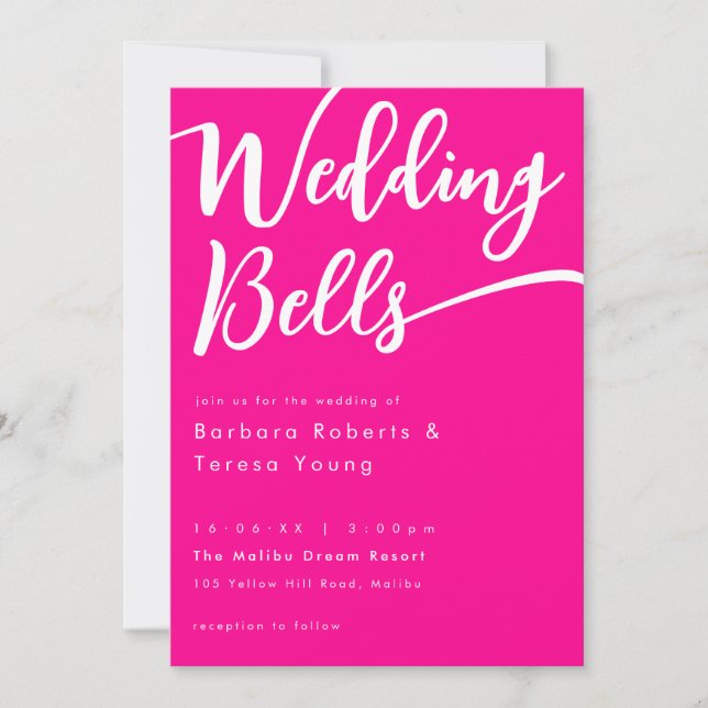 Moderne Girly Hot Pink Bells Calligraphy Wedding Einladung (Vorderseite)