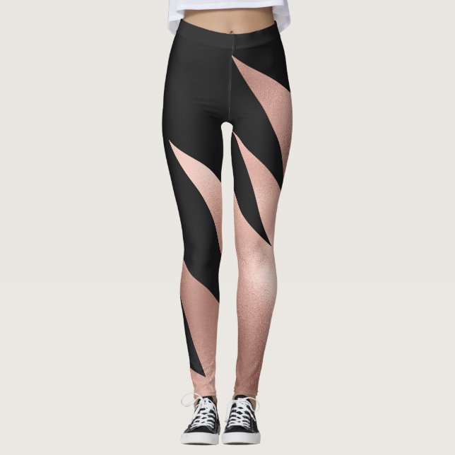 Moderne Girly Rose Gold Black Geometric Leggings (Vorderseite)