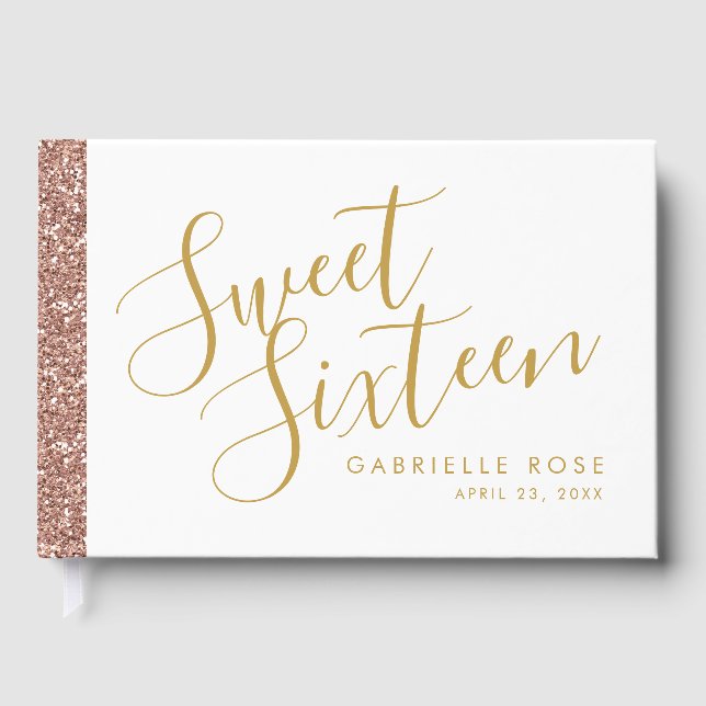 Moderne Girly Rose Gold Glitzer Stripe Sweet 16 Gästebuch (Vorderseite)
