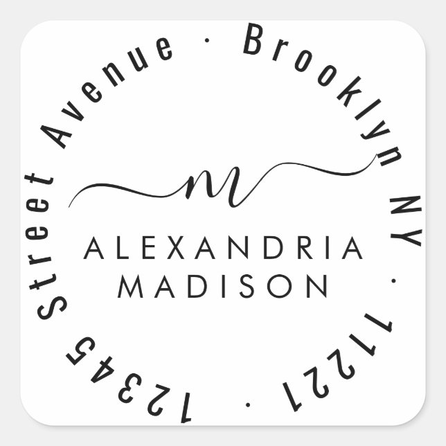 Moderne Girly Script Monogram-Initialadresse Quadratischer Aufkleber (Vorderseite)