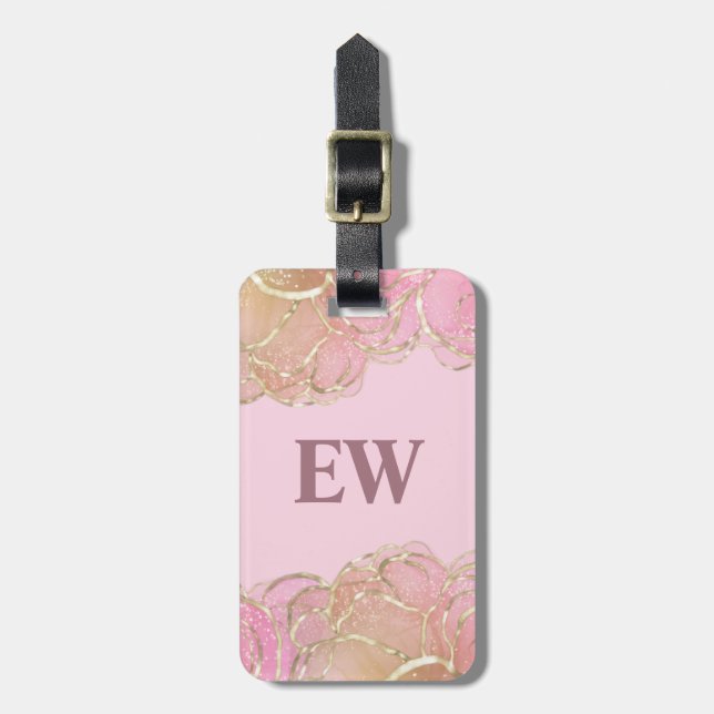 Moderne Glam Elegante Monogram Pink Imitate Gold A Gepäckanhänger (Vorderseite vertikal)
