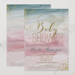Moderne glamouröse Wasserfarbe Gold Konfetti BABY Einladung