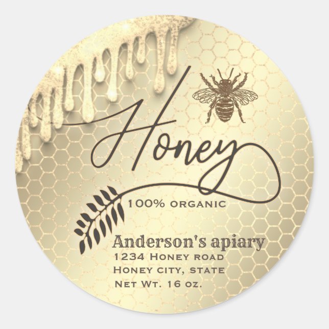 Moderne glänzende Tropfen Honigbiene Drehbuch Honi Runder Aufkleber (Vorderseite)