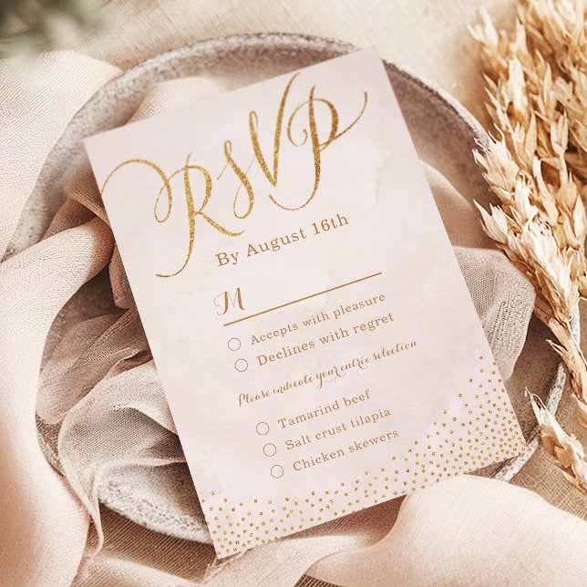 Moderne Glasurmblüte Rose Goldkalligrafie UAWG RSVP Karte (Modern glam blush rose gold calligraphy RSVP)