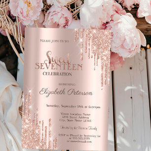 Moderne Glitter-Drips Rose Gold Sweet 17 Geburtsta Einladung