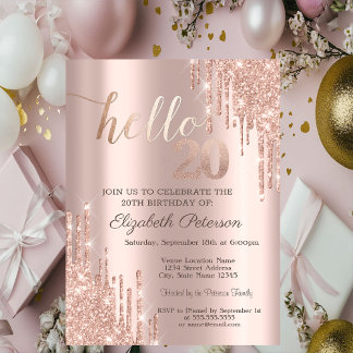 Moderne Glitter Drips Roségold 20. Geburtstag Einladung