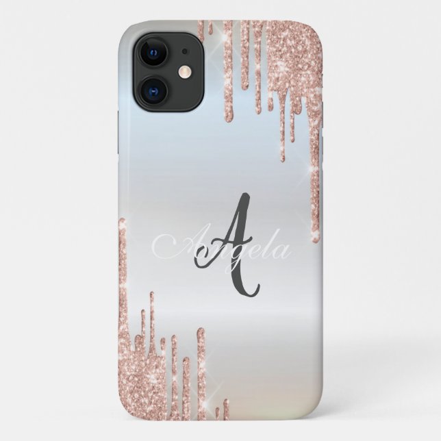 Moderne Glitter-Drips Roségold, Silber Monogramm  Case-Mate iPhone Hülle (Rückseite)