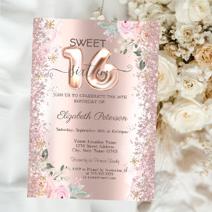 Moderne Glitter Konfetti Roségold Rosen Sweet 16 Einladung