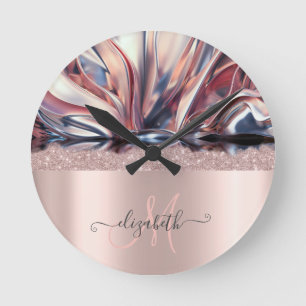 Moderne Glitter-Roségold-Monogramm-Abstrakt Runde Wanduhr