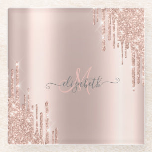 Moderne Glitter-Tropfen Roségold-Monogramm Glasuntersetzer